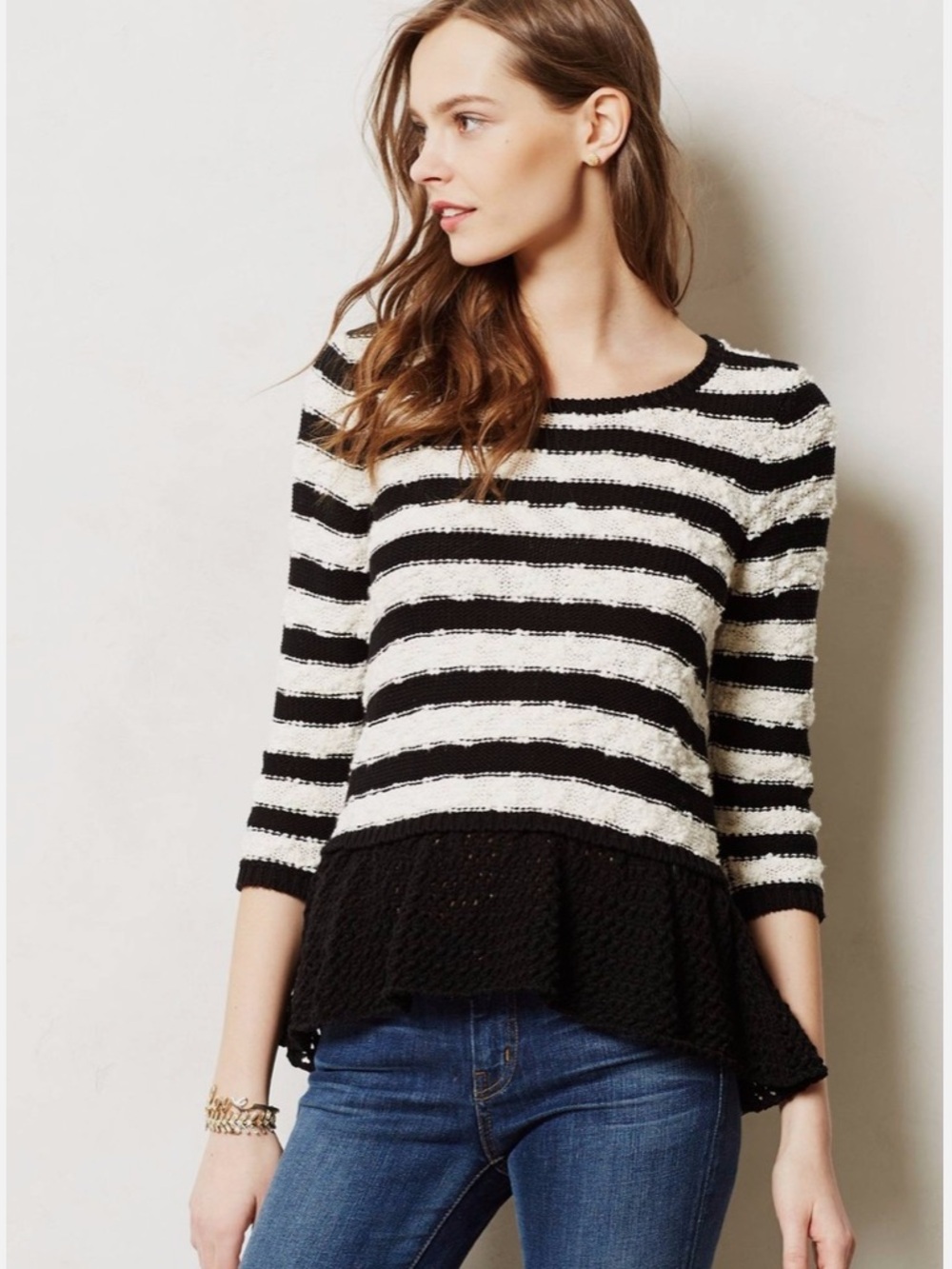 Anthropologie Knitted & Knotted Skirted Striped Peplum Pullover Sweater
